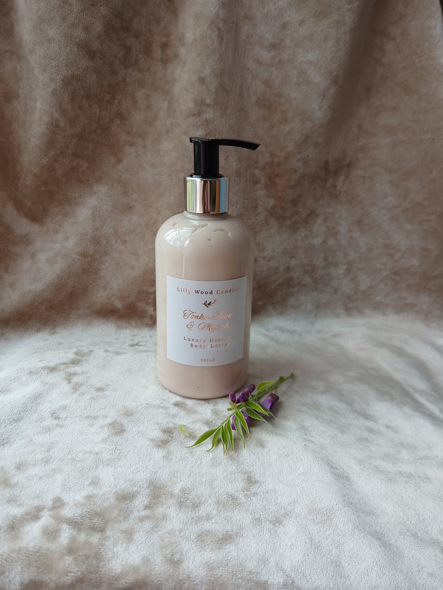Individual Bottles of Tonka Bean & Myrrh Luxury Hand & Body Lotion or Hand & Body Wash