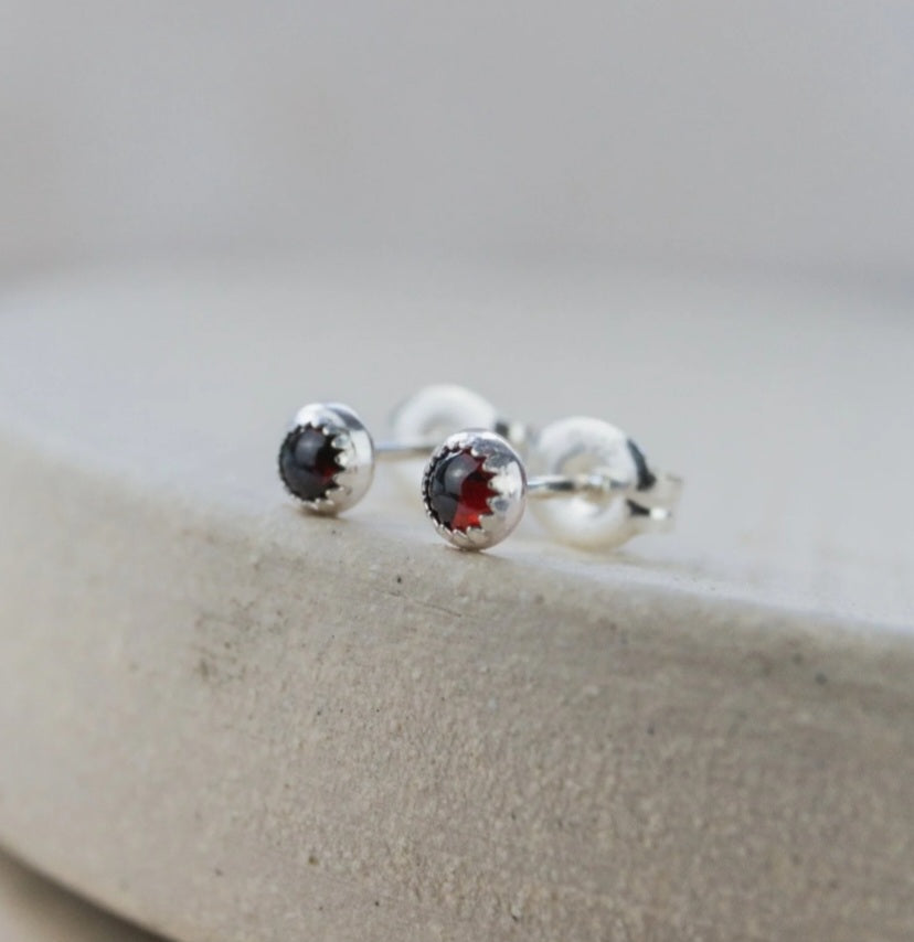 Sterling Silver Mini Stud Semi Precious Birthstone Garnet Earrings