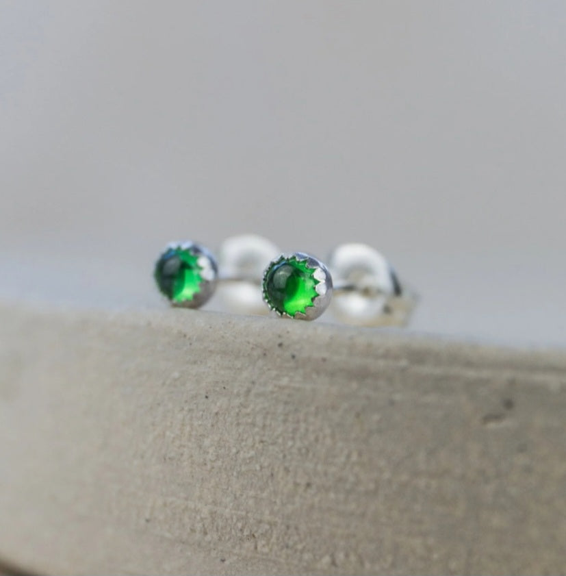 Sterling Silver Mini Stud Semi Precious Birthstone Emerald CZ Earrings