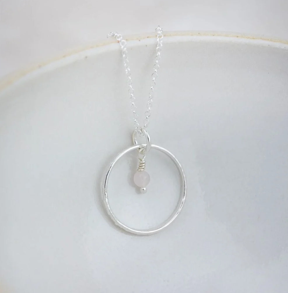 Sterling Silver Celestial Hoop Pendant with Semi Precious Rose Quartz