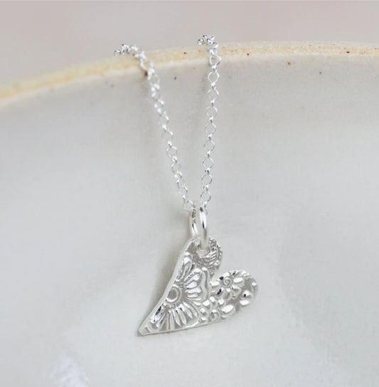 Sterling Silver Small Tilted Textured Heart Pendant