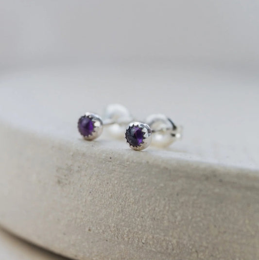 Free Delivery! Sterling Silver Mini Stud Semi Precious Birthstone Amethyst Earrings