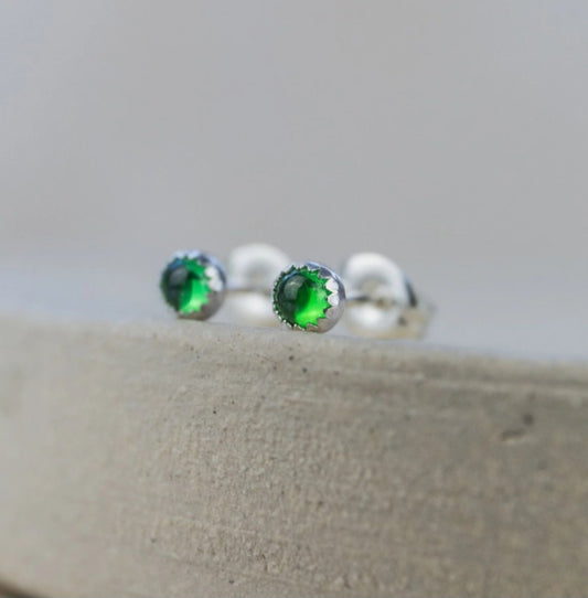 Free Delivery! Sterling Silver Mini Stud Semi Precious Birthstone Emerald CZ Earrings