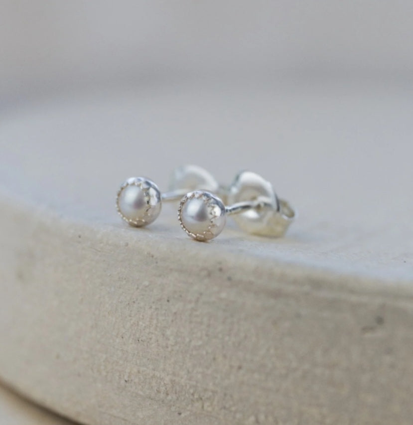 Sterling Silver Mini Stud Semi Precious Birthstone Pearl Earrings