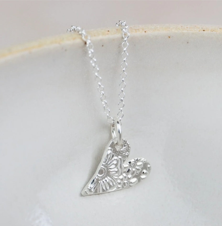 Free Delivery! Sterling Silver Small Tilted Textured Heart Pendant